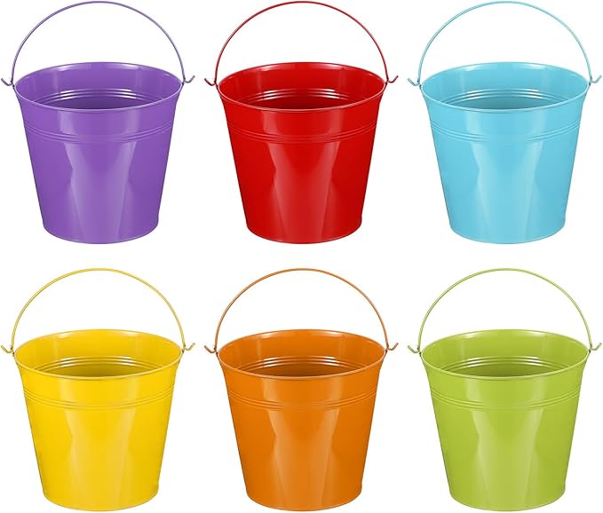 PATIKIL 7"x6.4" Small Metal Buckets with Handle, 6 Pcs Mini Galvanized Bucket Colorful Easter Buckets for Crafts Party Favors Decoration, Green/Yellow/Orange/Blue/Red/Purple