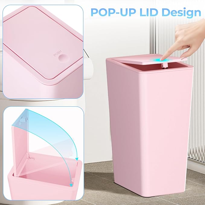 3 Pack 4 Gallon Bathroom Small Trash Can with Lid, 15L Slim Garbage Bin Wastebasket with Pop-Up Lid for Bedroom, Office, Kitchen, Dorm, Fits Under Desk