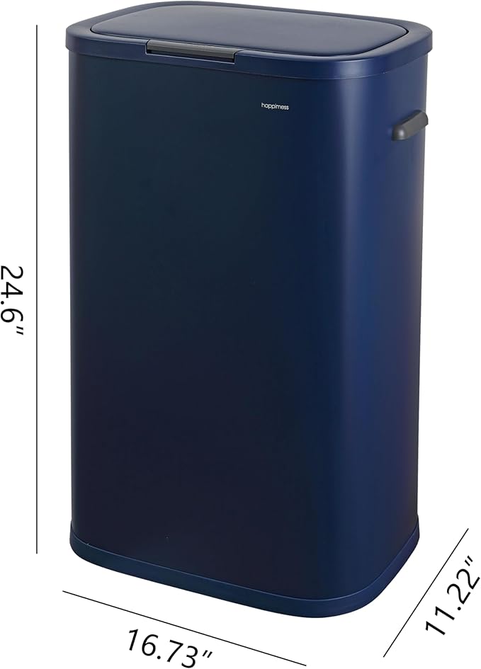 happimess HPM1017J Tammi Kitchen 14.5-Gallon Slim Metal Push Button Trash Can for Home, Kitchen, Laundry Room, Office, Bedroom, Bathroom, Denim Blue
