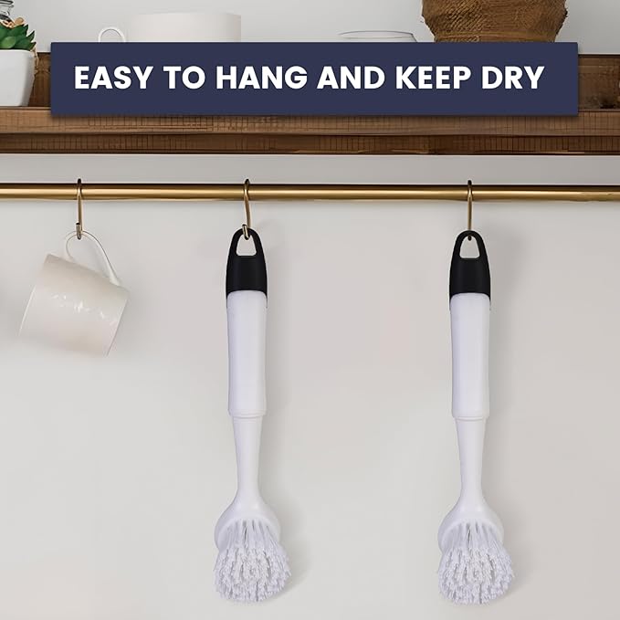 Dish Brush with Handle, Dish Scrub Brush with Built-in Scraper, Nylon Dish Scrubber, Kitchen Brushes for Dishes,Pots, Pans and Sinks 2 Pack
