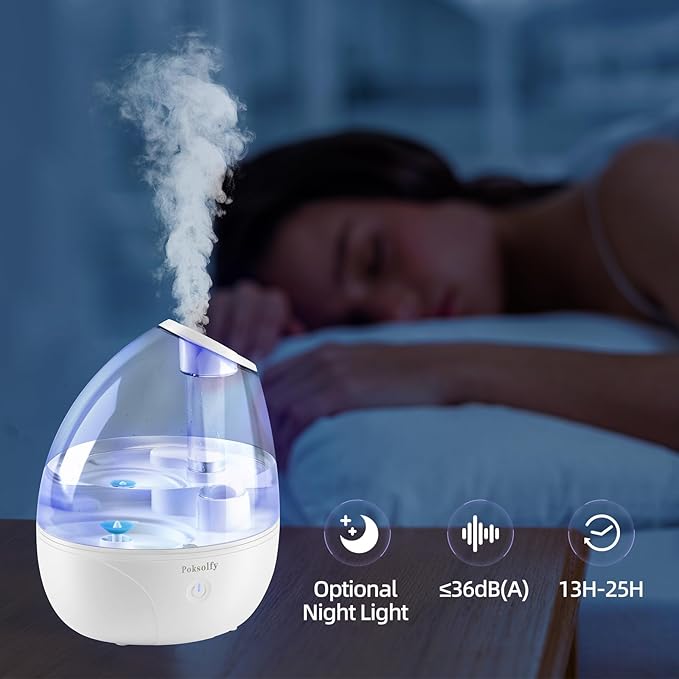 Cool Mist Humidifier for Bedroom,2L Small Humidifiers for Bedroom and Office,25dB Humidifier for Toy room and Plant,Last Up to 13H on Max Mist Setting (White Transparent)