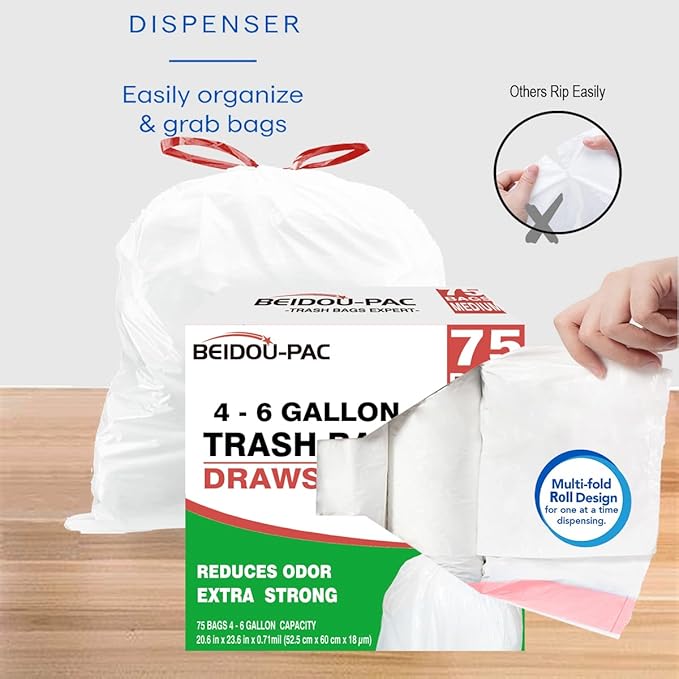Trash Bags 4-6 Gallon Drawstring, 75 Count Garbage Bags, Medium Kitchen Trash Bags, Odorless & Heavy Duty White Plastic Food Scrap Bags for Bathroom Bedroom Office Waste