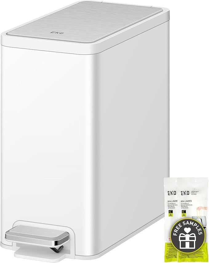 EKO Slim Small Bathroom Trash Can with Lid, Stainless Steel Small Garbage Can with Removable Inner Bucket, 6L / 1.6 Gal, Step On Trash Bin (White)