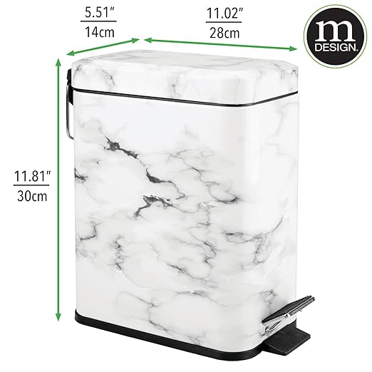 mDesign Small Modern 1.3 Gallon Rectangle Metal Lidded Step Trash Can, Compact Garbage Bin with Removable Liner Bucket and Handle for Bathroom, Kitchen, Craft Room, Office, Garage - White Marble