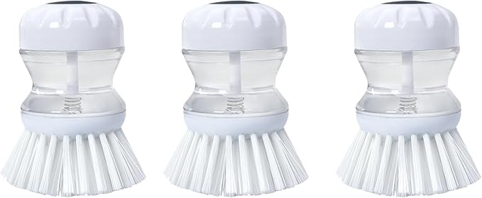 Dish Brush with Soap Dispenser for Dishes Pot Pan Kitchen Sink Scrubbing, White 3 Pack