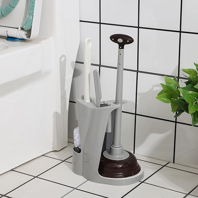 Cq acrylic Toilet Brush and Plunger Set,Toilet Plunger and Brush Combo Bathroom Deeply Cleaning Tools,Bathroom Toilet Bowl Brush with Holder(Grey 1 Set)