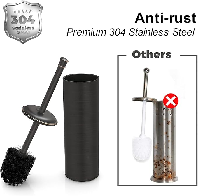 BESy Toilet Brush and Holder, Toilet Cleaner Bowl Set with Two Brush with Extra Long Handle, Durable Bristles Toilet Scrubber and Covered Holder, Drip-Proof Stainless Steel Oil Rubbed Bronze