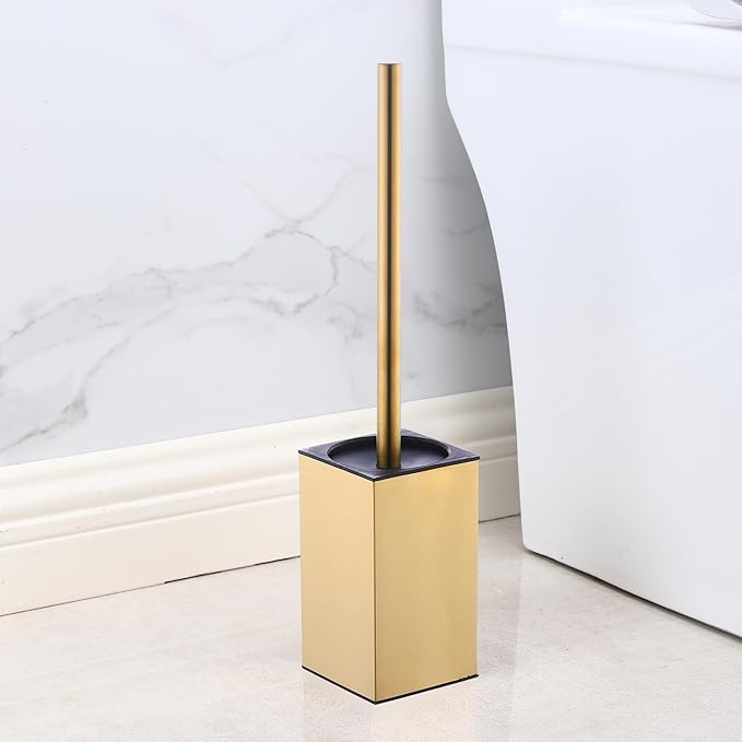 Toilet Brush and Holder Set Freestanding KWQKEM Modern Toilet Bowl Cleaners Brush and Holder with Lid 304 Stainless Steel (Brushed Gold)