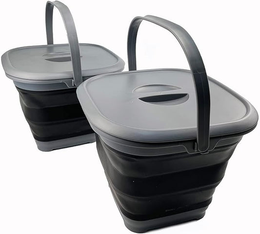SAMMART 8.5L (2.2 Gallon) Collapsible Square Handy Bucket with Lid/Foldable Square Water Pail with Lid/Portable Tub with Handle and Lid (Grey/Black (Set of 2))