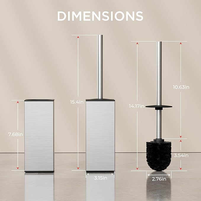 FORIOUS Toilet Brush and Holder Set, Heavy Duty 304 Stainless Steel Base Square and Long Handle for Bathroom Deep Cleaning, Drip-Proof, Space Saving for Storage, 2 Toilet Bowl Brush Head