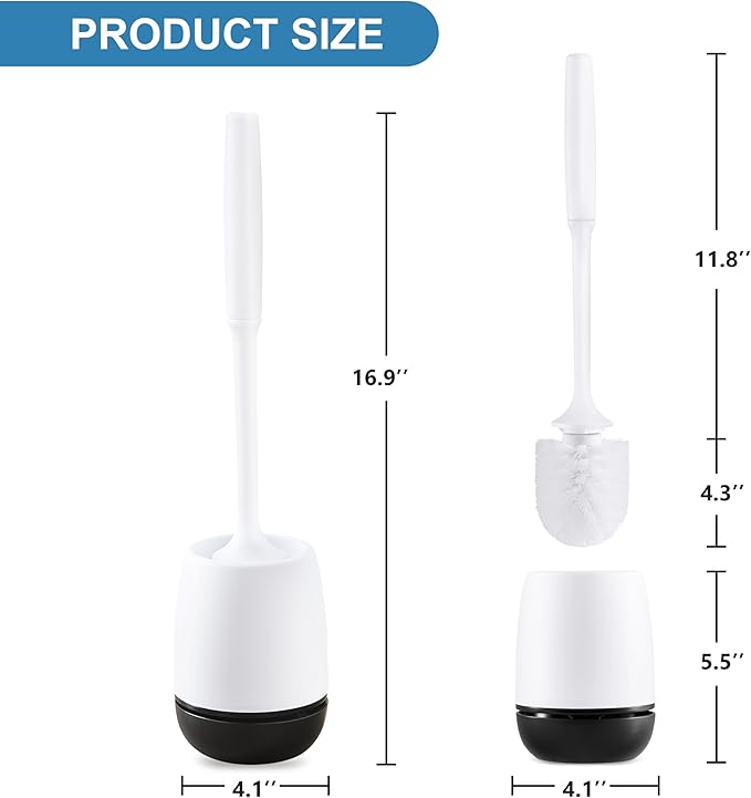 Toilet Brush, Toilet Bowl Brush and Holder Set for Bathroom, Toilet Cleaning Scrubber Brush for Bathroom for Deep Cleaning with Stiff Plastic Bristle, Ventilated Holder, Wall Mount Hook (White Head)