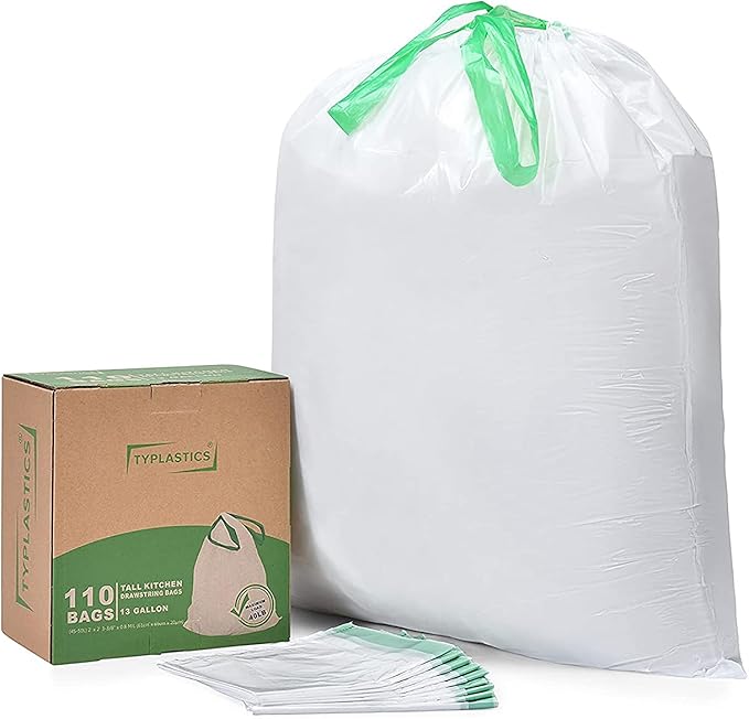 TYPLASTICS Tall Kitchen Drawstring Trash Bags, 13 Gallon, 110 Count