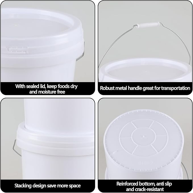 Teyyvn 4 Gallon White Bucket Pail Container with Lid for Food, 4 Pack Plastic Bucket All Purpose Pail with Lid and Handle