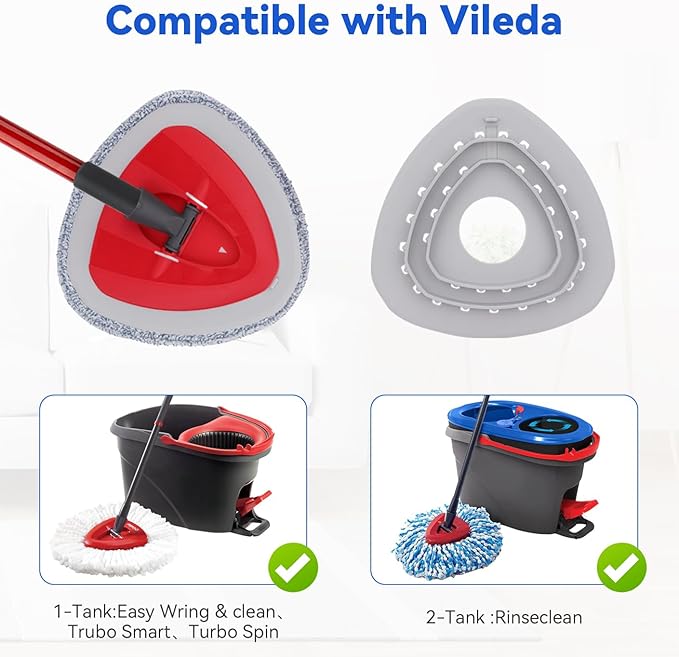 Spin Mop Head Refill for Vileda/Ocedar EasyWrin & RinseClea Spin Mop - Fit Both of EasyWrin 1-Tank & RinseClean 2-Tank System,Rotating Microfiber Triangle Replacement Pads - 6 Cloth 1 Mop Base