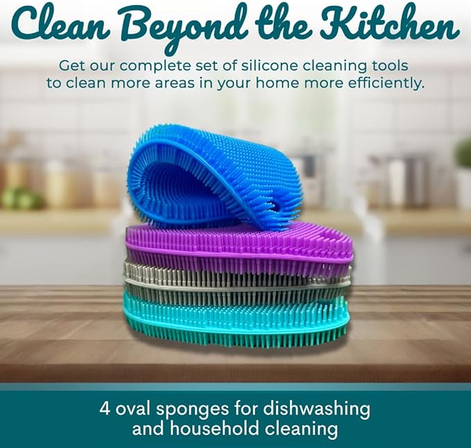 Food Grade Silicone Dish Scrubber - BPA-Free Kitchen Scrubbers for Dishes and Housecleaning (4-Pack Ovals)