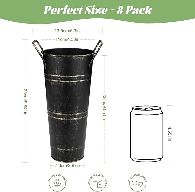 8 Pcs Galvanized Bucket Flower Bar, 9 Inch Flower Bucket and Metal Vase with Handles, Flower Bar Supplies and Buckets Farmhouse Vases for Wedding and Cut Flower (Black, 8 Pcs 9inch)