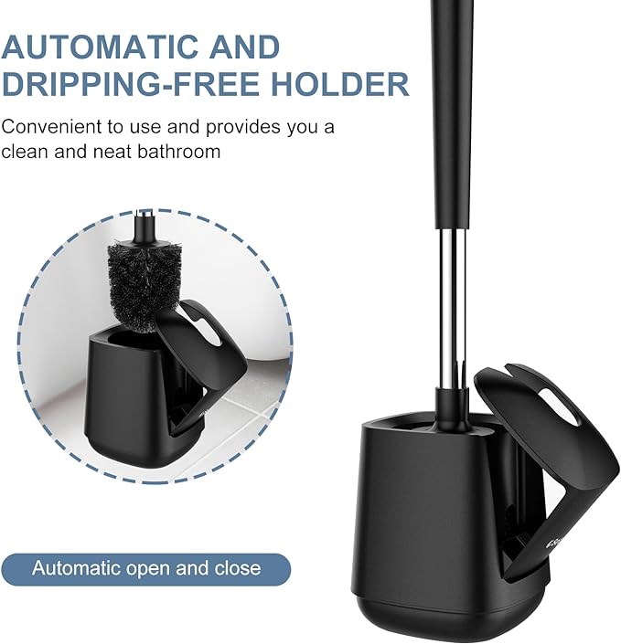 SetSail Toilet Brush and Holder, Self Closing Lid Toilet Bowl Brushes Holder and Extra Long Handle Ventilated Toilet Brush Set for Bathroom Cleaning, Nylon Bristles, 2 Packs-Black