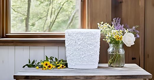 Hymmah Bathroom Trash Can 1.8 Gallon(7 Liter) Small Kitchen Garbage Can,Decor Wastebasket for Bedroom Office,Resin Hand-Carved Rose Flower White