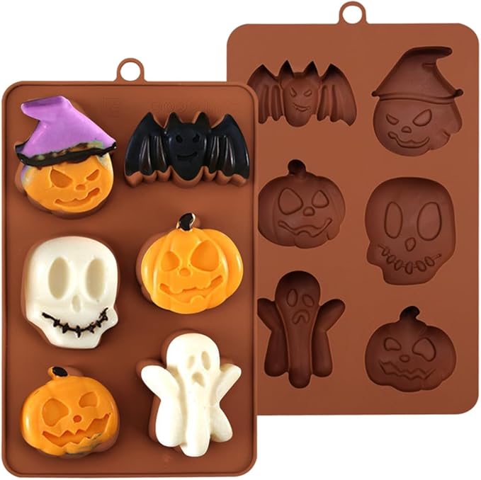 mostsom Chocolate Molds Halloween Chocolate Candy Silicone Mold Ghost Pumpkin Bat Skull Witch Hat Gummy Fondant Baking Mold (A_ 7.28x4.36x0.76 inch)