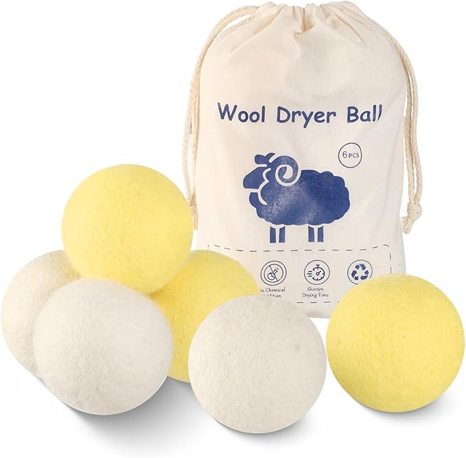 Wool Dryer Balls XL 6 Pack Pure Organic Wool Premium Reusable Fabric Softener New Zealand Sheep Wool Ball for Dryer Natural Fabric Softener Saves Drying Time