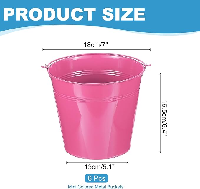 PATIKIL 7"x6.2" Small Metal Buckets with Handle, 6 Pcs Mini Galvanized Bucket Colorful Easter Buckets for Crafts Party Favors Decoration, Rose Red