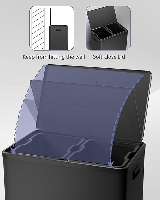 Garvee Dual Trash Can for Recycling and Trash, 2 x 30 L (60 L) Stainless Steel Kitchen Trash Can with Lid and Foot Pedal, Double Compartment Garbage Can, with Recycling Bin, 2 x 8 Gallon