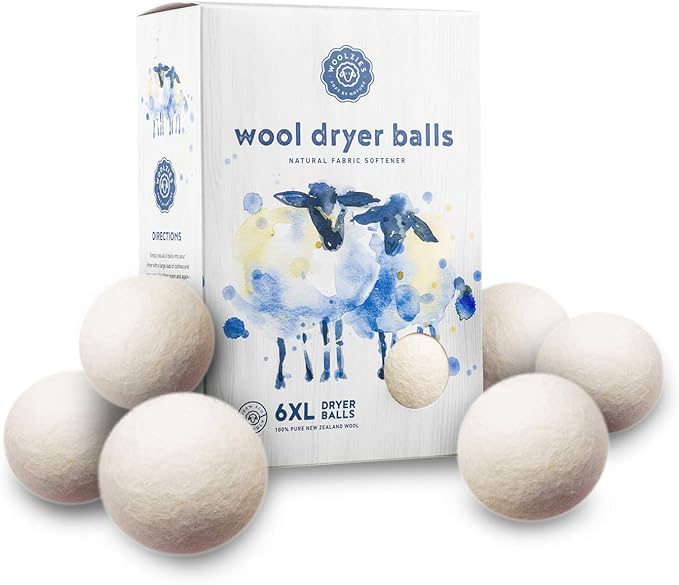 Woolzies Wool Dryer Balls Organic: 6 XL Laundry Balls for Dryer + 10 ml Pure Fresh Essential Oil Combo for use as 100% Pure and Natural Fabric Softener | Best Scented Wool Balls Laundry