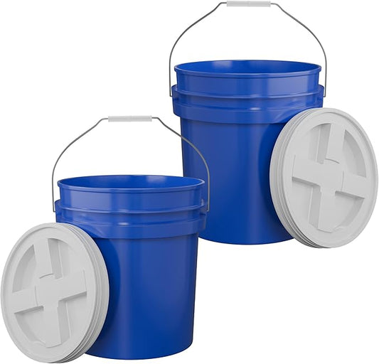 5-Gallon Dark Blue Bucket Pail with Gamma Seal Screw on Airtight Lid, Metal Handles with Plastic Grip for Easy Carrying, Stack and Store, Heavy-Duty 90MIL Extra Durable, Food Grade, BPA Free - 2 Pack