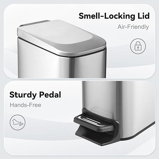 ELPHECO Small Bathroom Trash Can with Lid Soft Close 1.8 Gallon / 6.8 Liter Stainless Steel Garbage Can Slim Step Wastebasket for Bathroom, Office, Bedroom, Silver