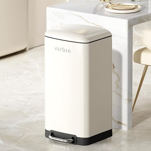MRBIN Metal Kitchen Trash Can, Commercial Step Office Garbage Bin with Soft Close Lid, 40L / 10.5gal Stainless Steel Foot Pedal Tall Rectangle Waste Basket for Rv, Bathroom Accessories, White