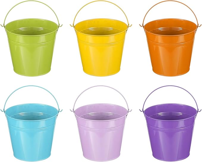 PATIKIL 6"x5" Small Metal Buckets with Handle, 6 Pcs Mini Bucket Easter Buckets, Green/Yellow/Orange/Blue/Light Purple/Purple