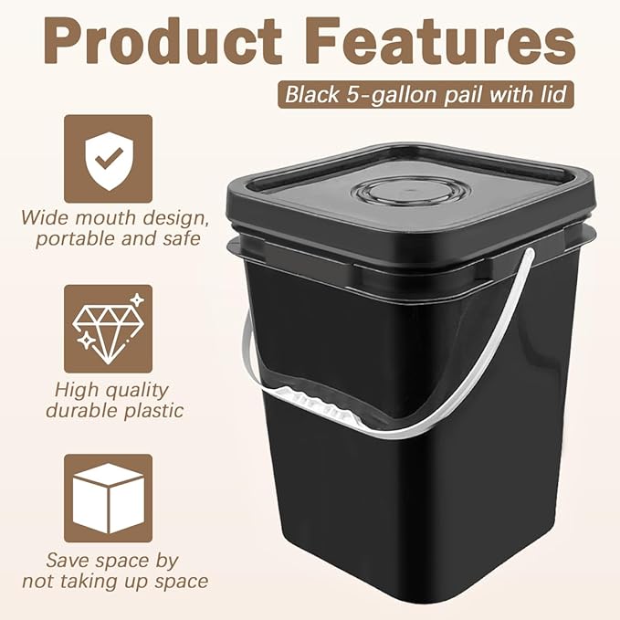 6 Pcs 5 Gallon Square Bucket with Lid,Industries Barrels with lid and Plastic Handle,Rain Buckets,Food Storage Containers DIY Label Stickers Towel and Brush for Paint Storage Tank Crafts
