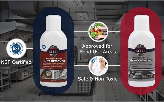 CLEAN MY STEEL Stainless Steel Rust Stain Remover & Cleaner Kit, NSF Safe for Food Areas. Includes Cleaner for Commercial Equipment, Appliances, Gloves & Sponge (8.5 oz)