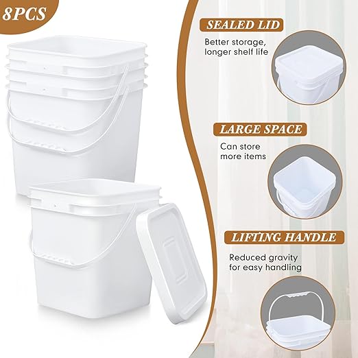 Mumufy 8 Pcs 3.5 Gallon Square Food Grade Bucket with Lid Square Bucket Pail with Plastic Handles for Storing Dry Food, Charcoal, Camping, Fishing (White)