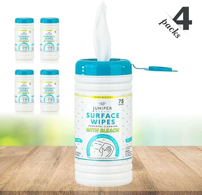 4 Pack Surface Cleaning Wipes with Bleach, All-Purpose Cleaner for Bathroom, Kitchen, Office, 300 Count Canister, 7.5" x 7" Sheet, Fresh Scent, Lint Free & Durable