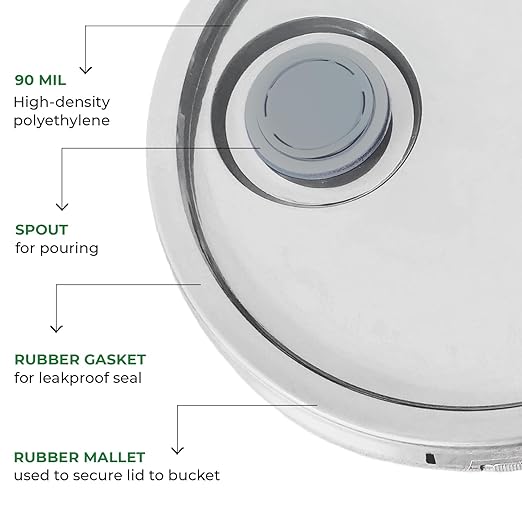 3.5-Gallon White Bucket Pail with Spout Lid, Metal Handles with Plastic Grip for Easy Carrying, Easy Stack and Store, Heavy-Duty Extra Durable, Food Grade, BPA Free - 3 Pack