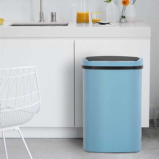 BestOffice | 13 Gallon Plastic Trash Can with Lid | Blue | Automatic Touchless Garbage Can | Odor Control | Modern Oval Design | Easy to Clean | Fits Any Kitchen, Bathroom, Office or Home