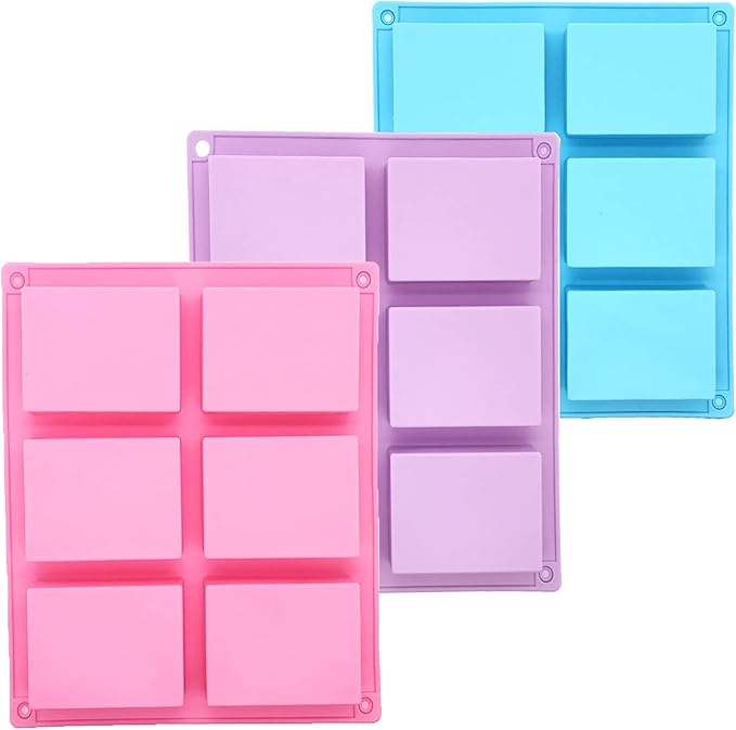3 Pack Silicone Soap Molds - 6 Cavity Rectangle Molds for Craft Soap, Muffin, Loaf, Cornbread, Cake, Chocolate & Ice Cube Trays (Blue, Pink, Purple)