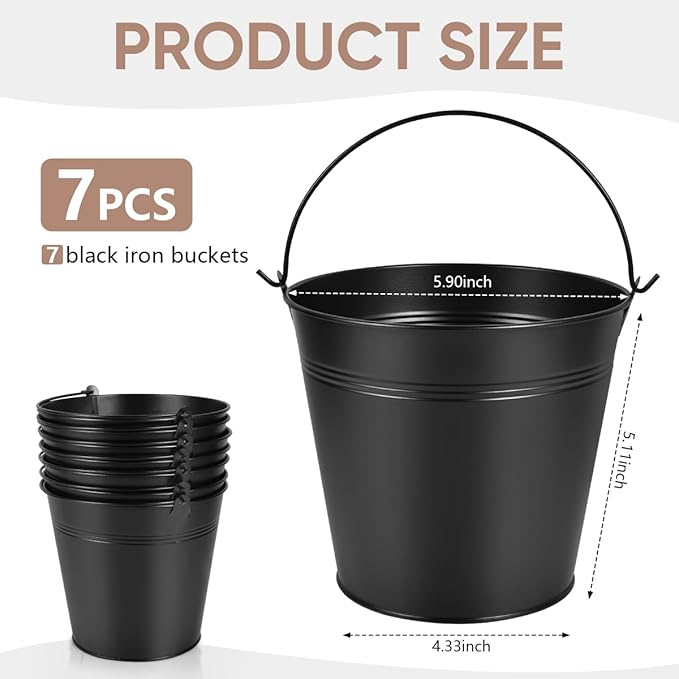 OBTANIM 7 Pack Black Metal Buckets with Handle Galvanized Ice Pails for Plants, Succulents, Party Favors Organizing, Rustic Home Decor or Classrooms Pencil Storage (6 x 4.4 inch)