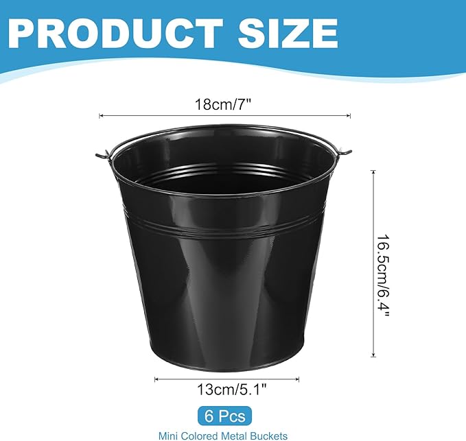 PATIKIL 7"x6.4" Small Metal Buckets with Handle, 6 Pcs Mini Galvanized Bucket Colorful Easter Buckets for Crafts Party Favors Decoration, Black