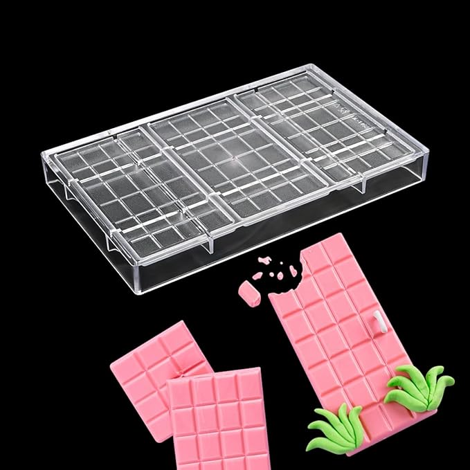 TUKE Chocolate Bar Hard Polycarbonate Chocolate Mold 3 Cavity PC Candy Mould for Easter, Halloween, Christmas - Food-Grade, Durable, Non-Stick, Easy Release (A_ Rectangle)