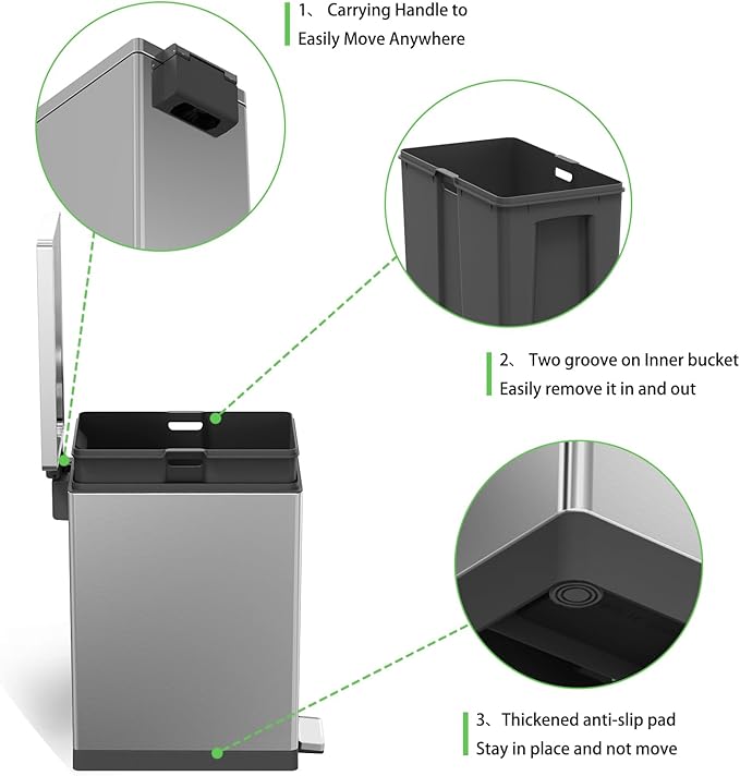Trash Can with Lid - 45 Liter/12 Gallon Slim Stainless Steel Trash Can Odor Protection Kitchen Garbage Cans with Soft-Close Foot Pedal Anti-Fingerprint for Bathroom Home Office Rectangle