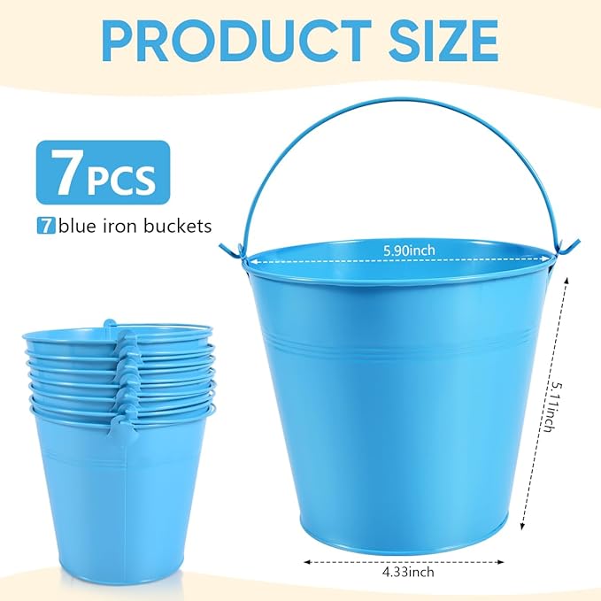 OBTANIM 7 Pack Blue Metal Buckets with Handle Galvanized Ice Pails for Plants, Succulents, Party Favors Organizing, Rustic Home Decor or Classrooms Pencil Storage (6 x 4.4 inch)