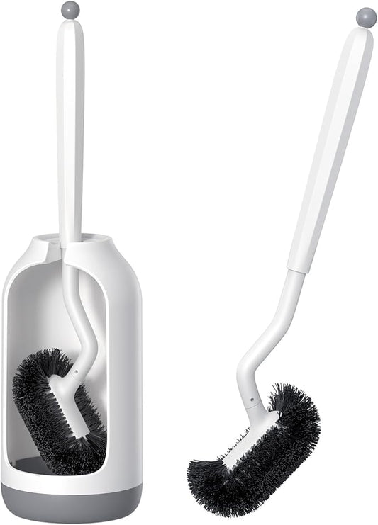 HAMITOR Toilet Bowl Brush Holder Set: Deep Cleaning Brushes with Curved Design - Ergonomic Long Handle for 360° Dead Corner Clean with Replacement Brush - Bathroom Accessories for RV Apartment