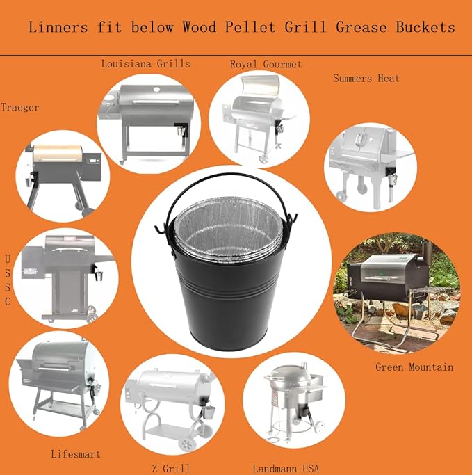 Firsgrill Grease Bucket & Liners Replacment Traeger Drips 20/22/34 Series, Pit Boss Z Grill, Green Mountain, etc Pellet Wood Grill Smoker Buckets (16, Bucket +Liners)