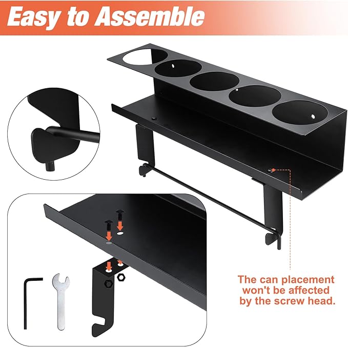 RealPlus Aerosol Spray Can Holder with Paper Towel Holder, 5 Cans Wall-Mounted Heavy-Duty Steel Spray Bottle Holder Rack Organizer for Garage and Workspace, Pack of 3