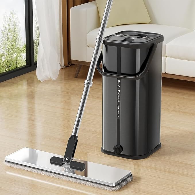 Flat Mop and Bucket for Home with Extra Refills, Stainless Steel Mop and Bucket with Wringer, Hands-Free Mop, Wet and Dry Use Mop with Long Handle (Black)