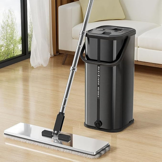 Flat Mop and Bucket for Home with Extra Refills, Stainless Steel Mop and Bucket with Wringer, Hands-Free Mop, Wet and Dry Use Mop with Long Handle (Black)