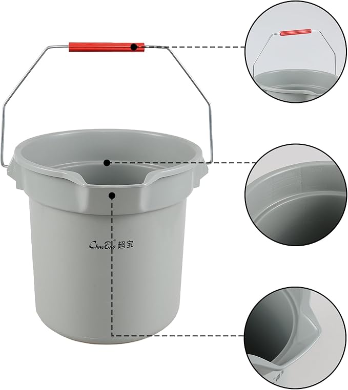 4 Pack Plastic 3.5 Gallon Round Utility Pail with Handle, Commercial Buckets, Gray