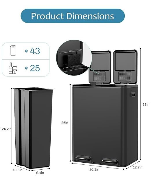 16 Gal (2 x 30 L) Dual Trash Can, Stainless Steel Kitchen Garbage Bin, Recycle Dustbin with Odor Control Box, Soft-Close Lid, Inner Buckets, Side Handle, Step Pedal, for Home Office